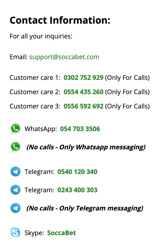 Soccabet Ghana login screen and customer support contact information