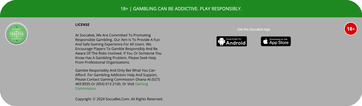 Soccabet Ghana licensing and responsible gaming information in footer