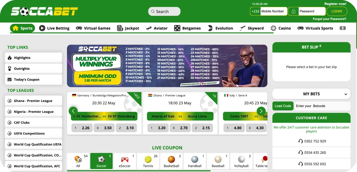 General overview of the Soccabet Ghana betting platform